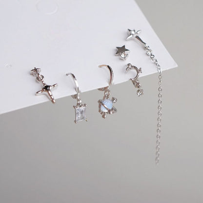 Set Drop Dangle Silver Rhinestone 6: Earring Sterling + 925 Huggie of