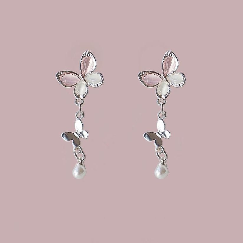 Drop Sterling Pearl Clip-On Earring 925 Silver Butterfly / Faux