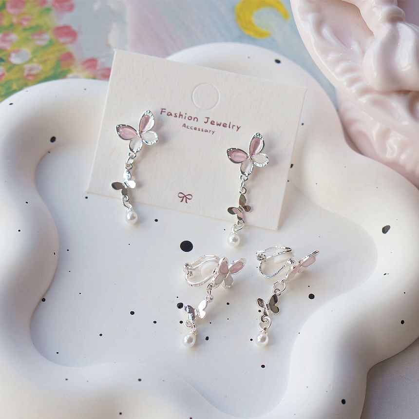 Drop Sterling Pearl Clip-On Earring 925 Silver Butterfly / Faux