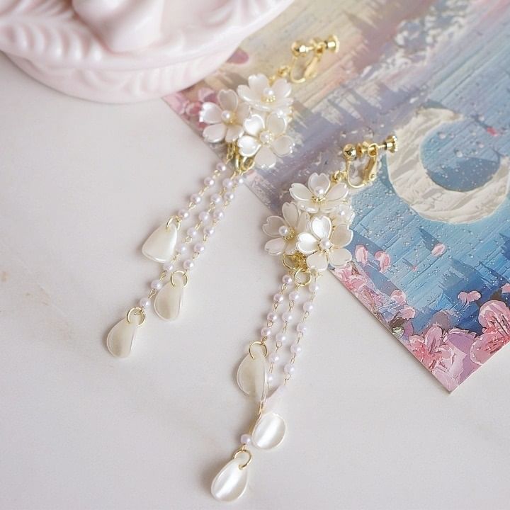 / 925 Drop Silver Pearl Flower Faux Sterling Clip-On Earring