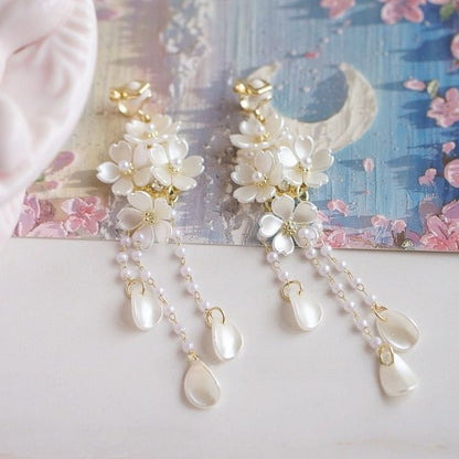 / 925 Drop Silver Pearl Flower Faux Sterling Clip-On Earring