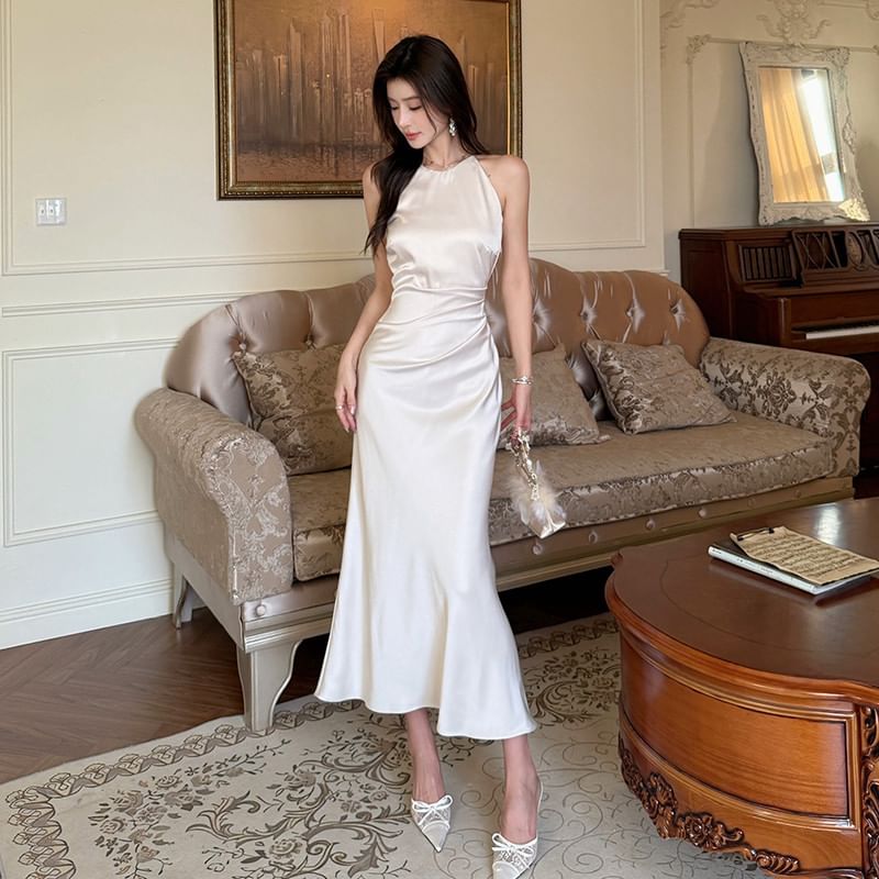 Ruched Satin Spaghetti Strap Mermaid Maxi Dress