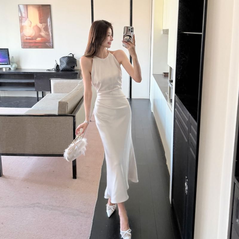 Ruched Satin Spaghetti Strap Mermaid Maxi Dress