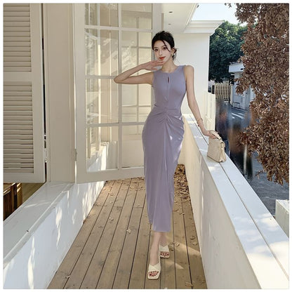 Round Neck Sleeveless Plain Bodycon Maxi Dress