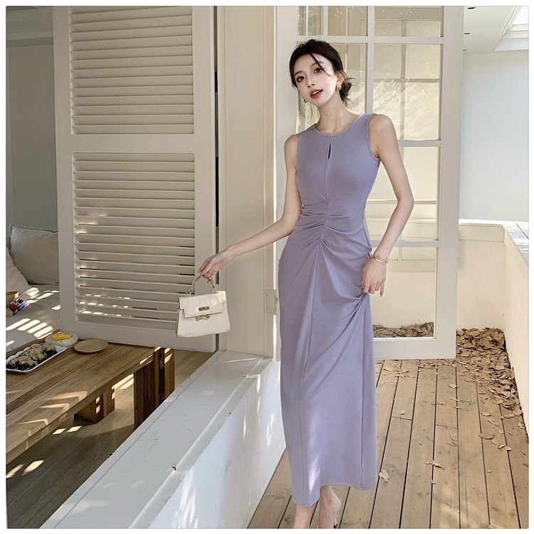 Round Neck Sleeveless Plain Bodycon Maxi Dress