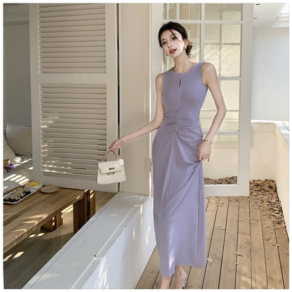 Round Neck Sleeveless Plain Bodycon Maxi Dress