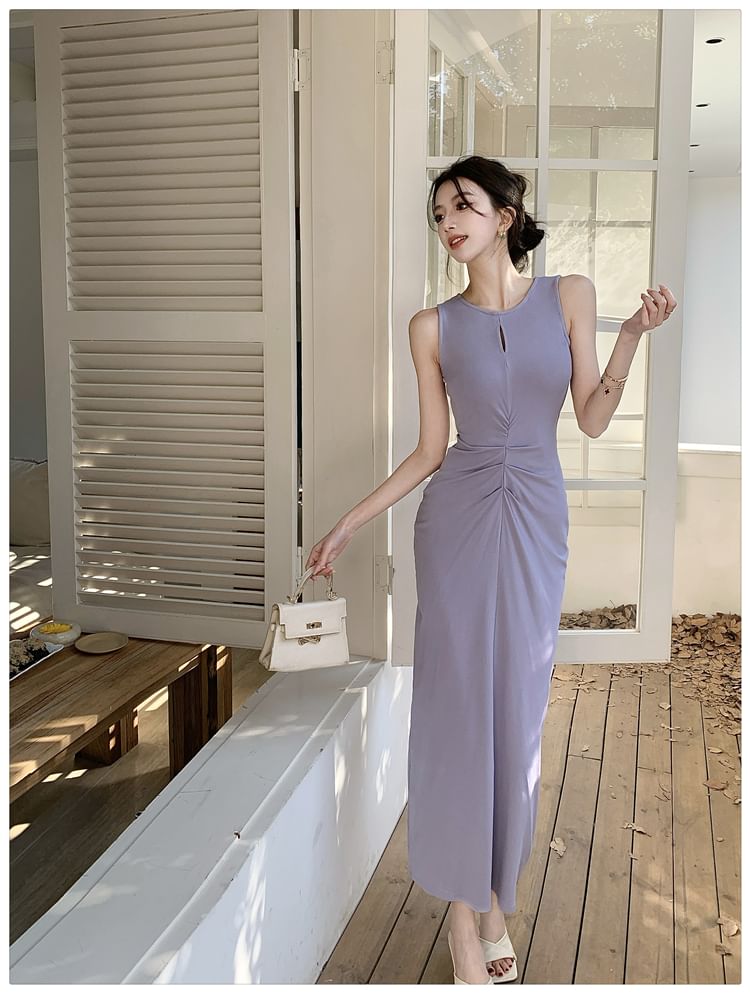 Round Neck Sleeveless Plain Bodycon Maxi Dress