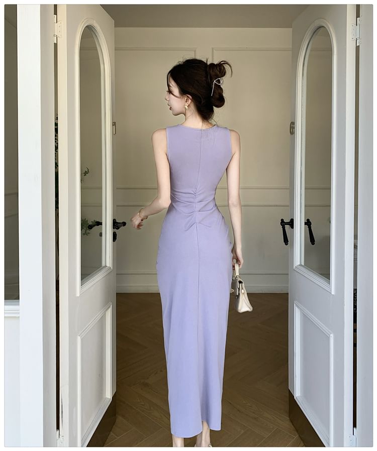 Round Neck Sleeveless Plain Bodycon Maxi Dress