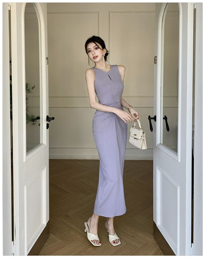 Round Neck Sleeveless Plain Bodycon Maxi Dress