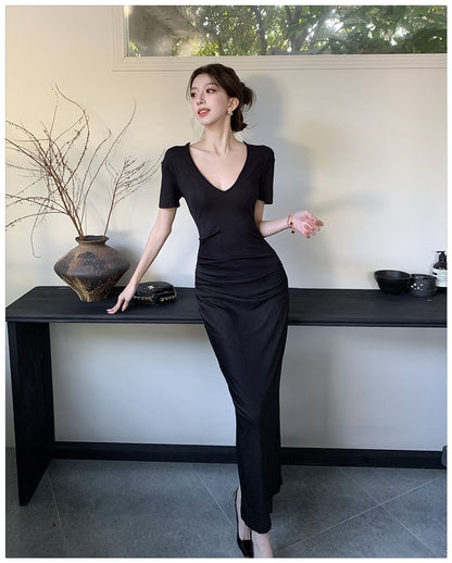 Short Sleeve V-Neck Plain Bodycon Maxi Dress