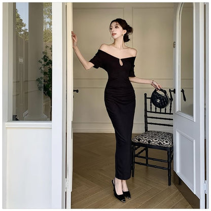 Short Sleeve V-Neck Plain Bodycon Maxi Dress