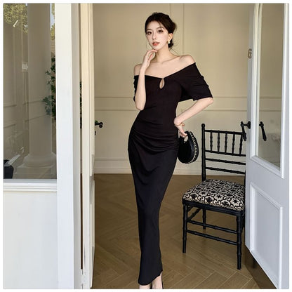 Short Sleeve V-Neck Plain Bodycon Maxi Dress