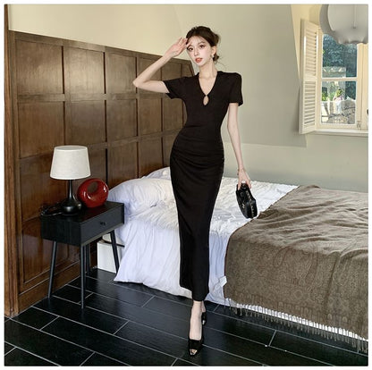 Short Sleeve V-Neck Plain Bodycon Maxi Dress