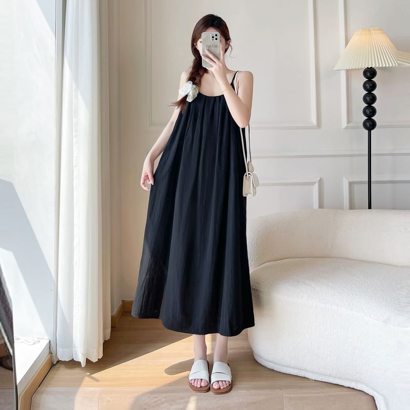 Scoop Neck Spaghetti Strap Plain A-Line Maxi Dress