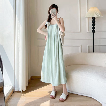 Scoop Neck Spaghetti Strap Plain A-Line Maxi Dress