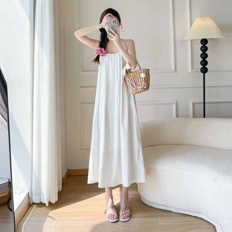 Scoop Neck Spaghetti Strap Plain A-Line Maxi Dress