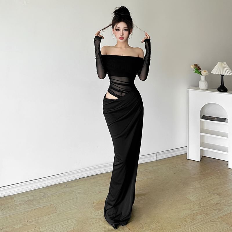 Off-The-Shoulder Sheer Panel Ruched Long-Sleeve Maxi Dress