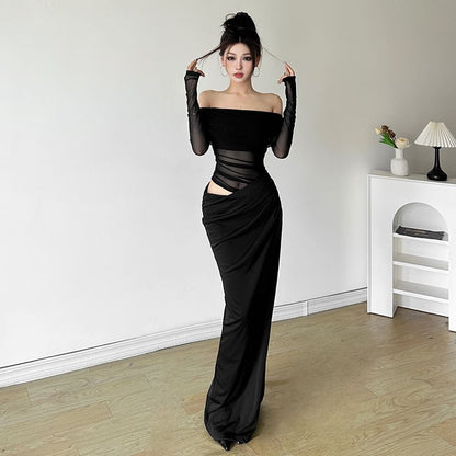 Off-The-Shoulder Sheer Panel Ruched Long-Sleeve Maxi Dress