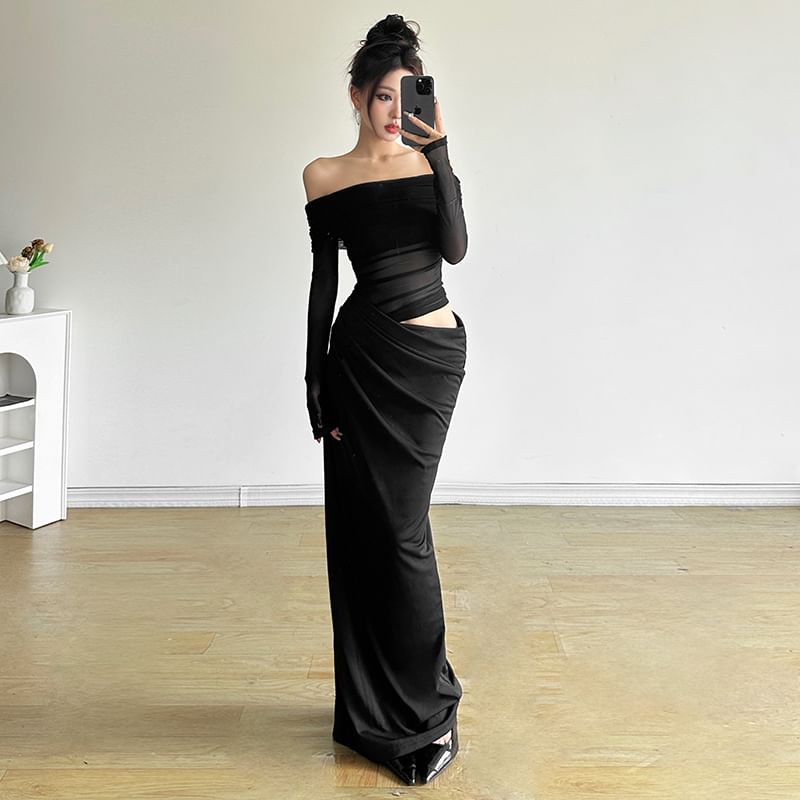 Off-The-Shoulder Sheer Panel Ruched Long-Sleeve Maxi Dress