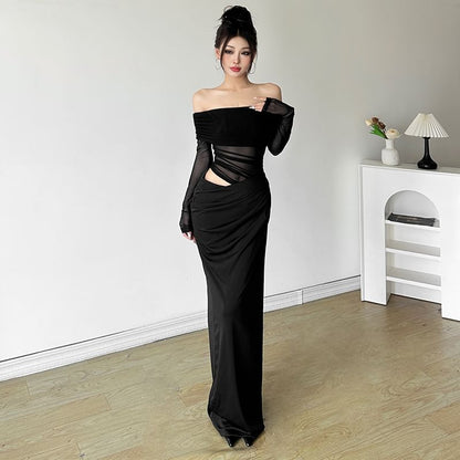 Off-The-Shoulder Sheer Panel Ruched Long-Sleeve Maxi Dress