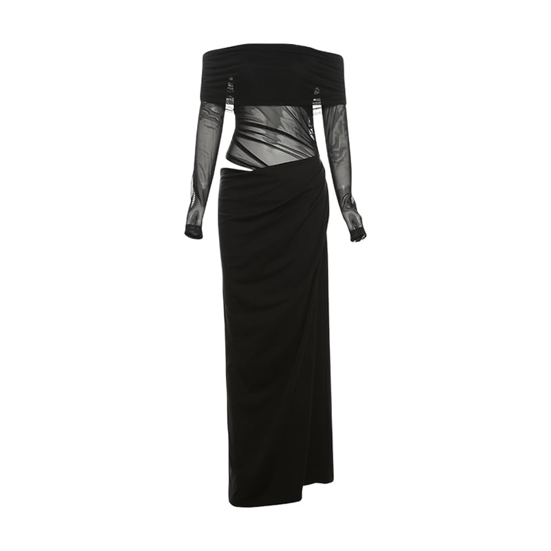 Off-The-Shoulder Sheer Panel Ruched Long-Sleeve Maxi Dress