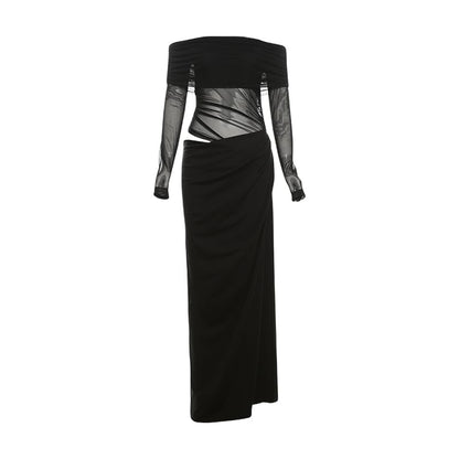 Off-The-Shoulder Sheer Panel Ruched Long-Sleeve Maxi Dress