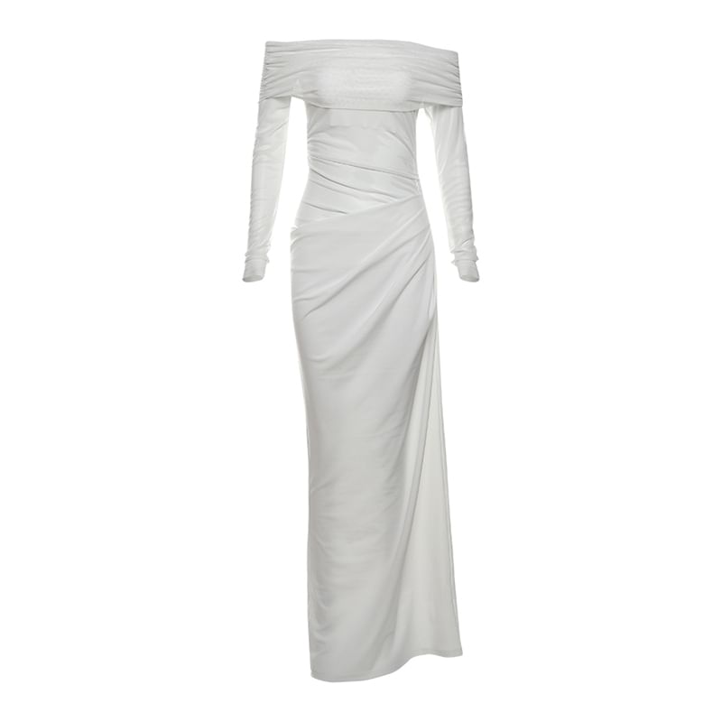 Off-The-Shoulder Sheer Panel Ruched Long-Sleeve Maxi Dress