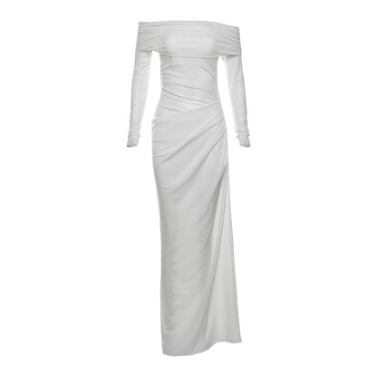 Off-The-Shoulder Sheer Panel Ruched Long-Sleeve Maxi Dress