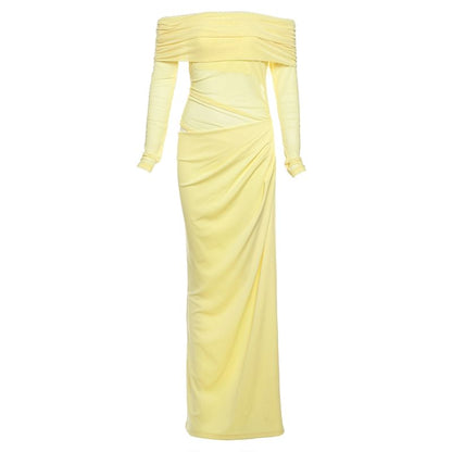 Off-The-Shoulder Sheer Panel Ruched Long-Sleeve Maxi Dress