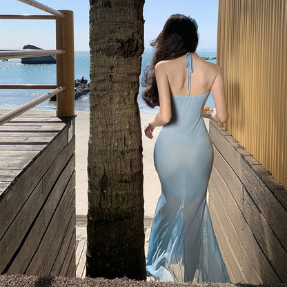 Halter Plain Flower Accent Mesh Mermaid Maxi Dress