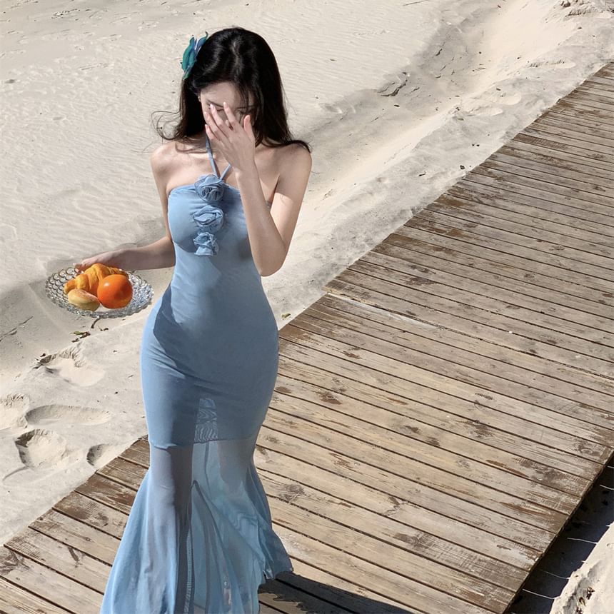 Halter Plain Flower Accent Mesh Mermaid Maxi Dress