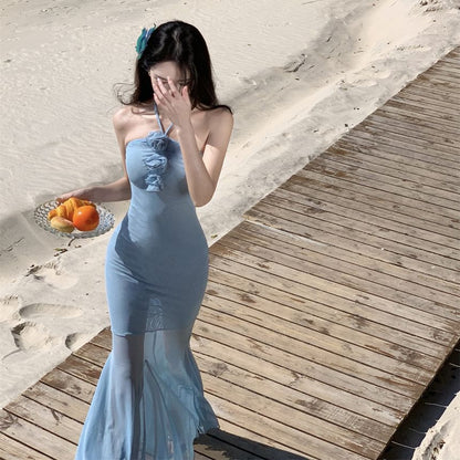 Halter Plain Flower Accent Mesh Mermaid Maxi Dress