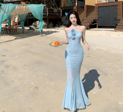 Halter Plain Flower Accent Mesh Mermaid Maxi Dress