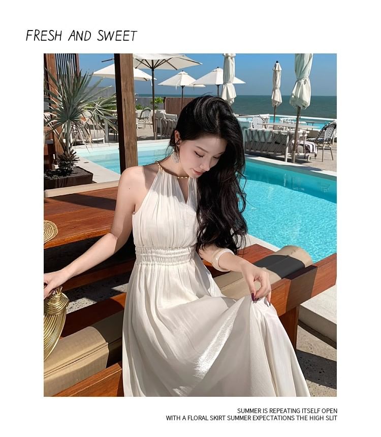 V-Neck Sleeveless Plain A-Line Maxi Dress