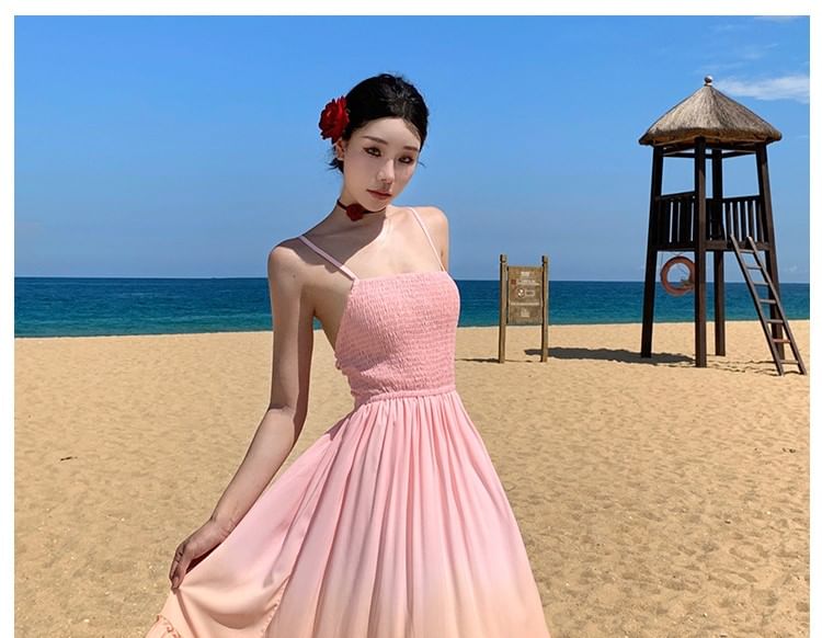 Square Neck Gradient Ruffle Trim Spaghetti Strap A-Line Dress