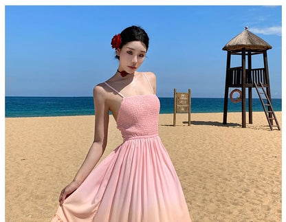 Square Neck Gradient Ruffle Trim Spaghetti Strap A-Line Dress