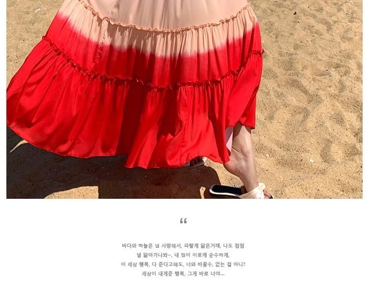 Square Neck Gradient Ruffle Trim Spaghetti Strap A-Line Dress