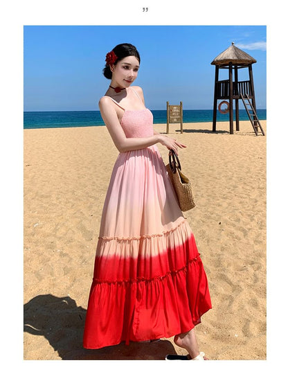 Square Neck Gradient Ruffle Trim Spaghetti Strap A-Line Dress
