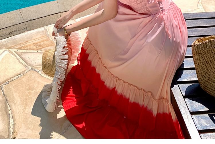 Square Neck Gradient Ruffle Trim Spaghetti Strap A-Line Dress