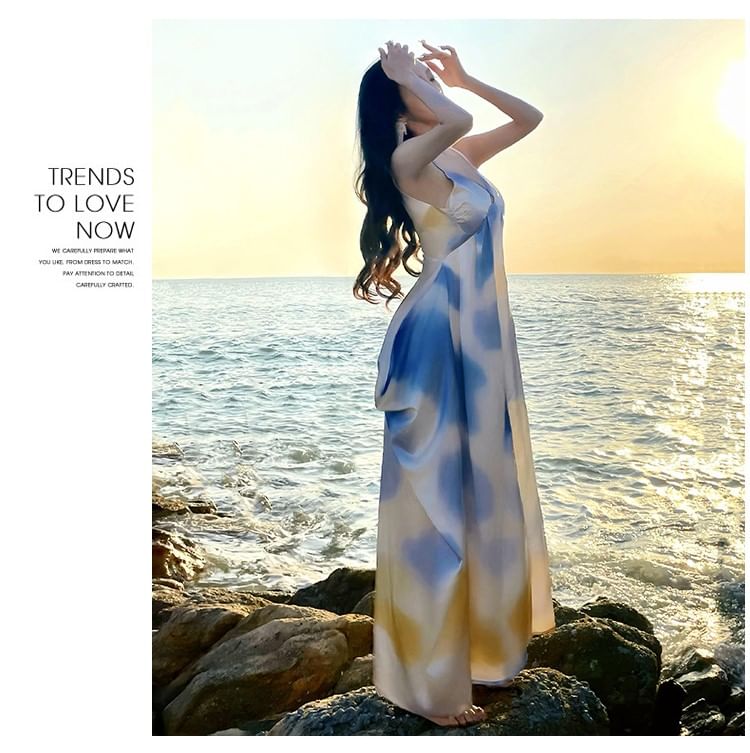V-Neck Gradient Spaghetti Strap A-Line Maxi Dress