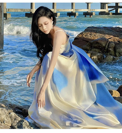 V-Neck Gradient Spaghetti Strap A-Line Maxi Dress
