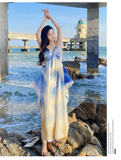 V-Neck Gradient Spaghetti Strap A-Line Maxi Dress