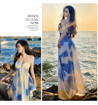 V-Neck Gradient Spaghetti Strap A-Line Maxi Dress