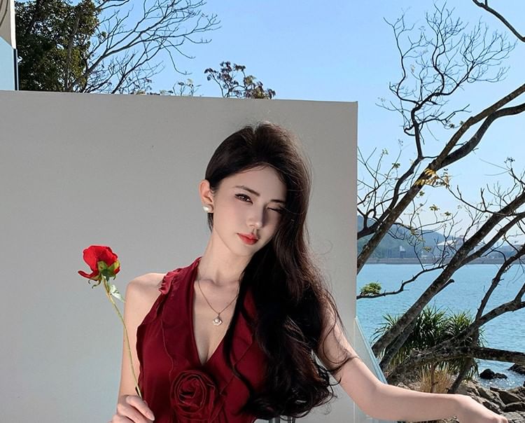 V-Neck Ruffle Trim Slit Sleeveless Bodycon Maxi Dress
