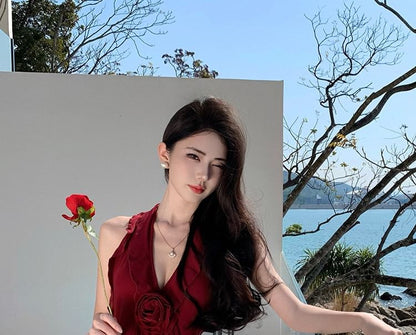 V-Neck Ruffle Trim Slit Sleeveless Bodycon Maxi Dress