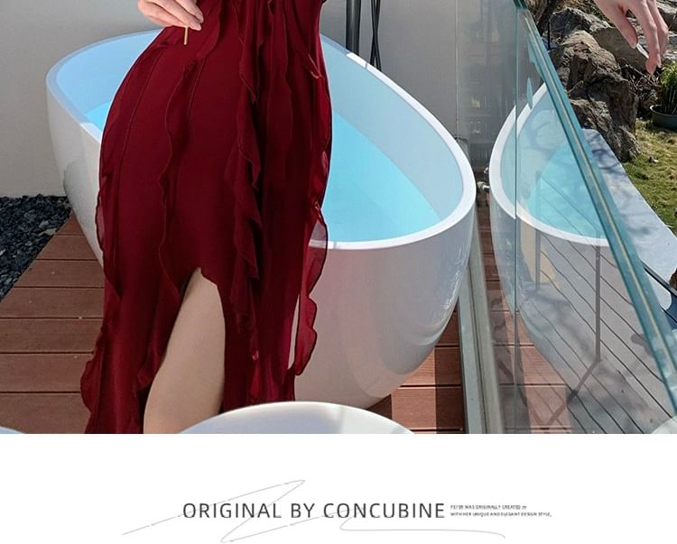 V-Neck Ruffle Trim Slit Sleeveless Bodycon Maxi Dress