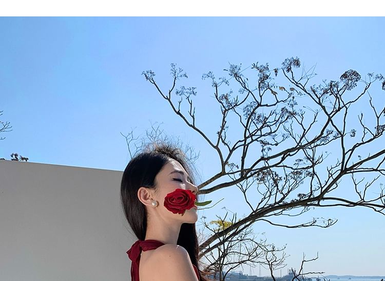 V-Neck Ruffle Trim Slit Sleeveless Bodycon Maxi Dress