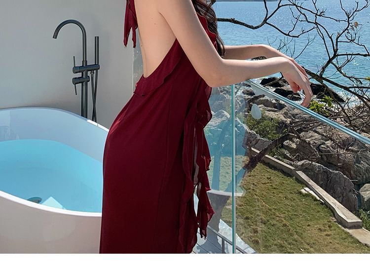 V-Neck Ruffle Trim Slit Sleeveless Bodycon Maxi Dress
