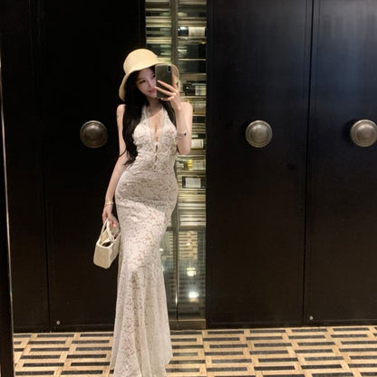 Button-Up Halter Neck Lace Mermaid Maxi Dress