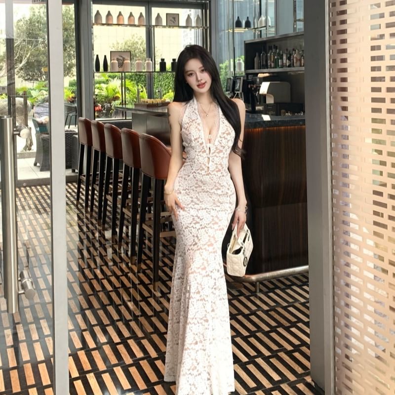 Button-Up Halter Neck Lace Mermaid Maxi Dress